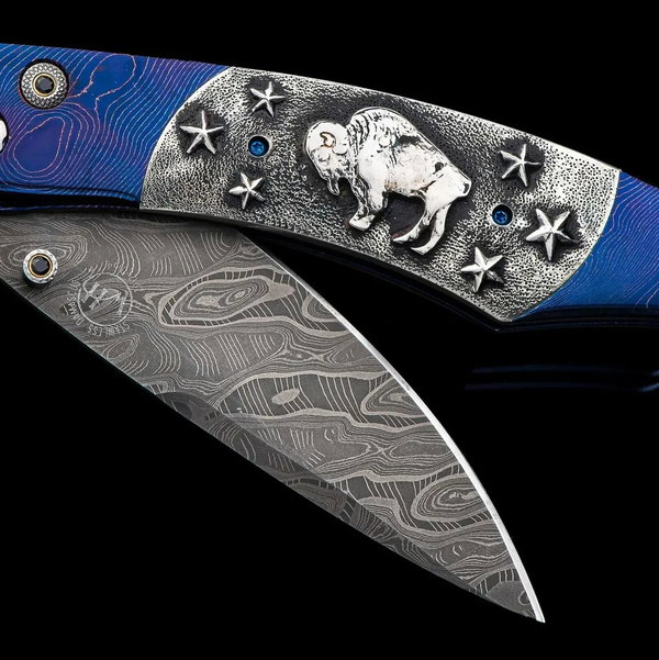 Closeup photo of B12 Buffalo Nickel III Damascus Pocketknife Inlaid with Sterling Silver and Authentic Buffalo Nickels