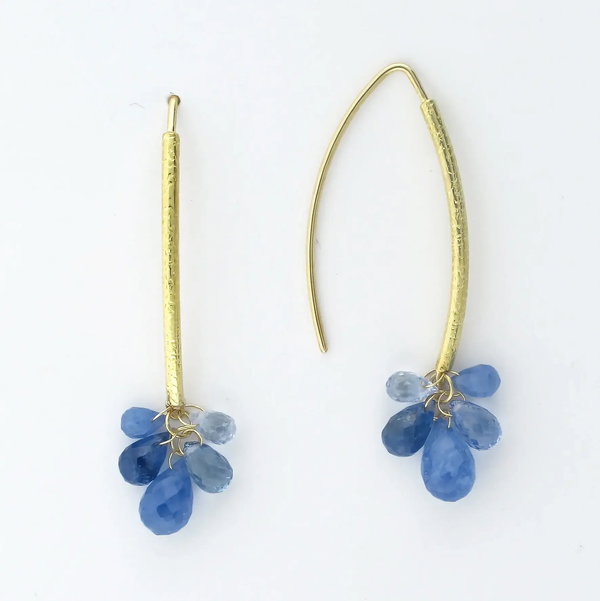 Closeup photo of Navette Wire Hook Earrings with Blue Sapphire Briolettes in 18kt Yellow Gold