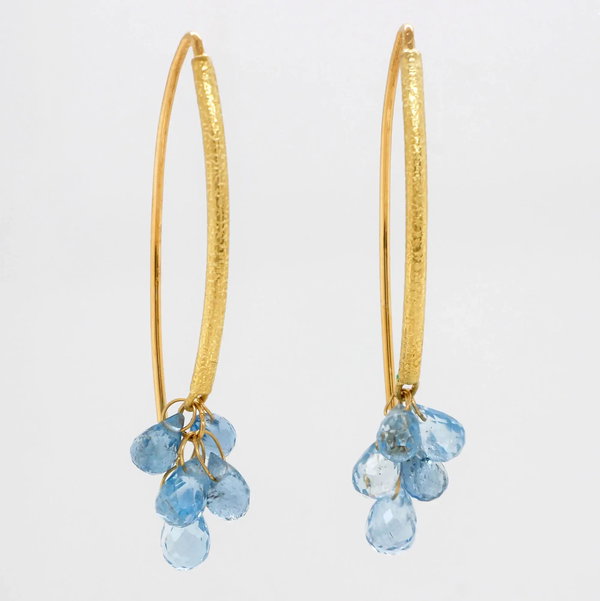 Closeup photo of Navette Wire Hook Earrings with Aquamarine Briolettes in 18kt Yellow Gold
