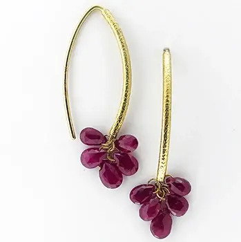 Closeup photo of Navette Wire Hook Earrings with Ruby Briolettes in 18kt Yellow Gold