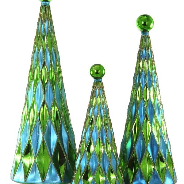 Closeup photo of Mid-Century Diamond Christmas Trees - Blue Green - Set of 3