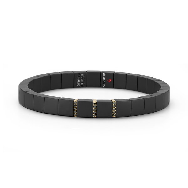 Closeup photo of Scacco Stretch Bracelet with 3 Black Diamond Bars in Black Satin Ceramic and 18kt Yellow Gold - Men's Large