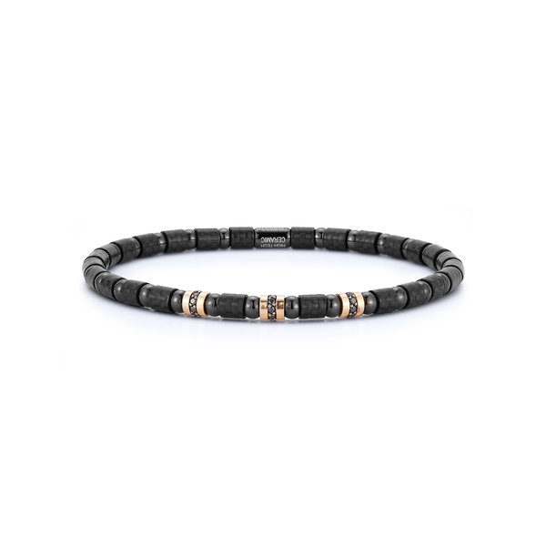 Closeup photo of Carbonio Stretch Bracelet with 3 Black Diamond Elements in Black Polished Ceramic and 18kt Rose Gold - Men's Large
