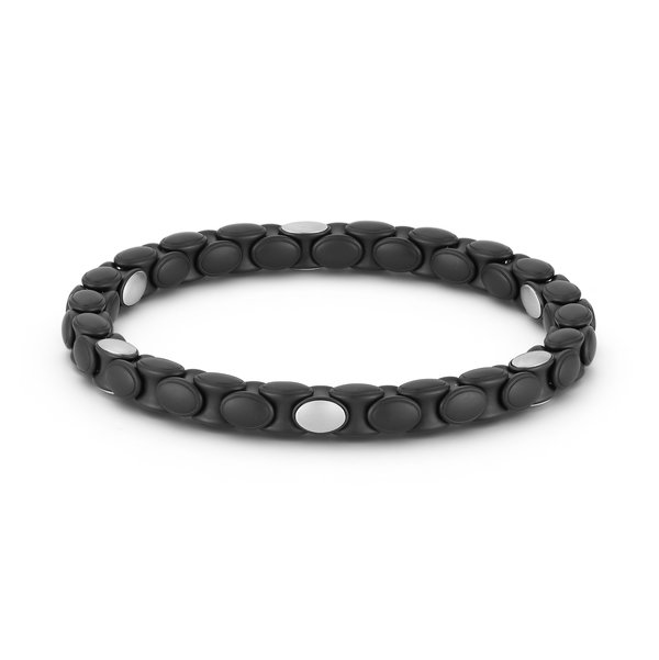 Closeup photo of Anacondino Stretch Bracelet with 6 Polished White Gold Elements in Black Satin Ceramic and 18kt White Gold - Men's Large