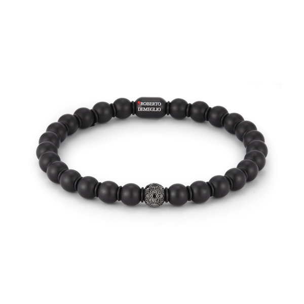 Closeup photo of Sfera Large Stretch Bracelet with Black Diamond Sphere in Black Satin Ceramic and 18kt White Gold - Men's Large