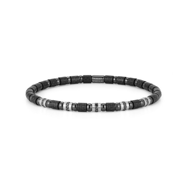 Closeup photo of Carbonio Stretch Bracelet with 5 Black Diamond Elements in Black Polished Ceramic and 18kt White Gold - Men's Large