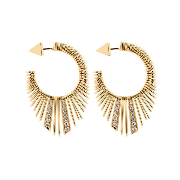 Closeup photo of Guitar + Diamonds Mini Hoop Earrings with White Diamonds in 18kt Yellow Gold