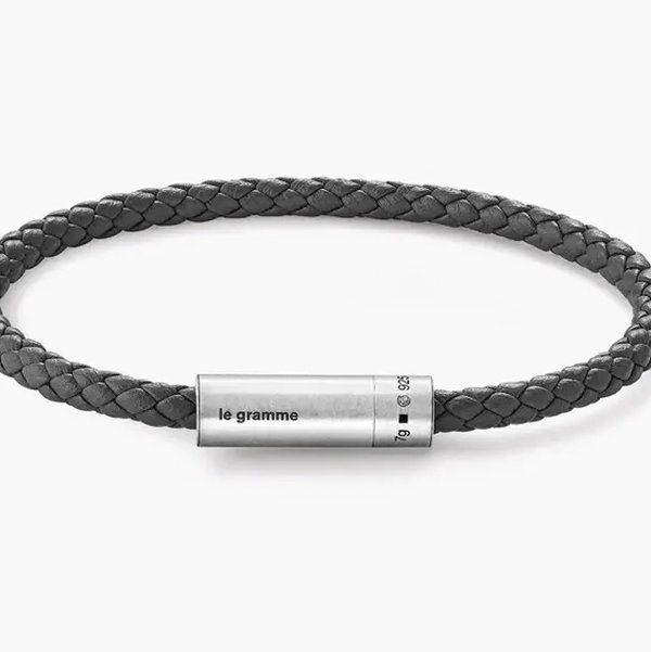 Closeup photo of Leather Anthracite Cable Bracelet le 7g in 925 Sterling Silver Slick Brushed - Size 18cm