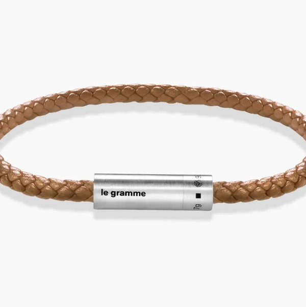 Closeup photo of Leather Camel Cable Bracelet le 7g in 925 Sterling Silver Slick Brushed - Size 19cm