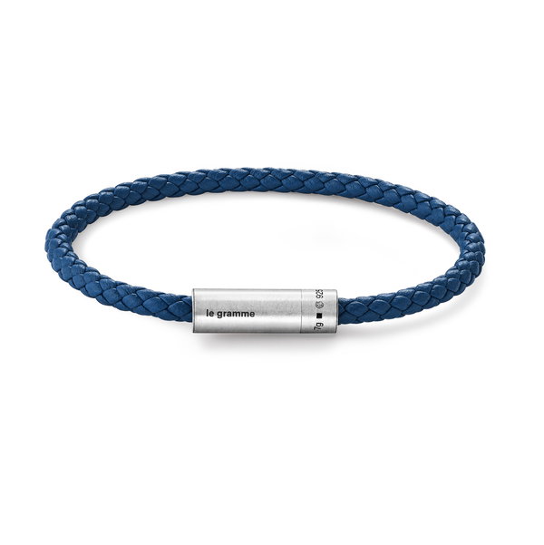 Closeup photo of Leather Navy Cable Bracelet le 7g in 925 Sterling Silver Slick Brushed - Size 17cm