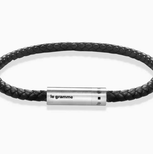 Closeup photo of Leather Black Cable Bracelet le 7g in 925 Sterling Silver Slick Brushed - Size 20cm