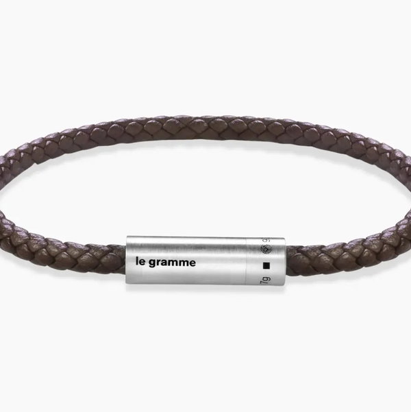 Closeup photo of Leather Brown Cable Bracelet le 7g in 925 Sterling Silver Slick Brushed - Size 19cm