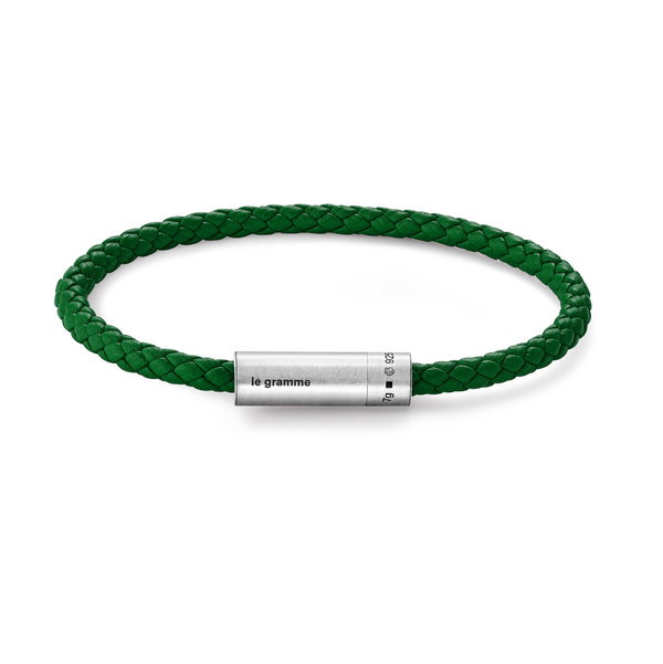 Closeup photo of Leather Green Cable Bracelet le 7g in 925 Sterling Silver Slick Brushed - Size 21cm