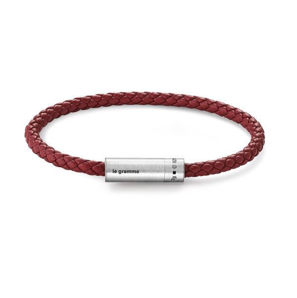 Closeup photo of Leather Red Cable Bracelet le 7g in 925 Sterling Silver Slick Brushed - Size 18cm