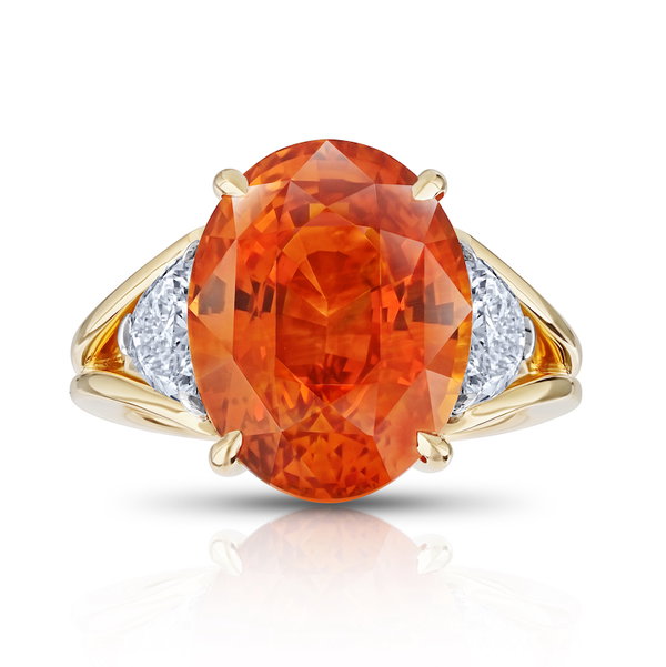 Closeup photo of Center Stone Ring with Oval 12.04ct Orange Sapphire and Half Moon Cut Diamonds in 18kt Yellow Gold