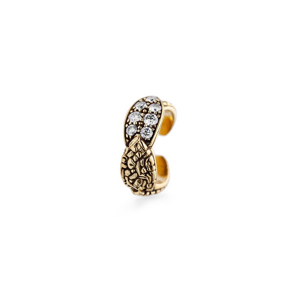 Closeup photo of Pave Leaf Ear Cuff with White Diamonds in 18kt Yellow Gold