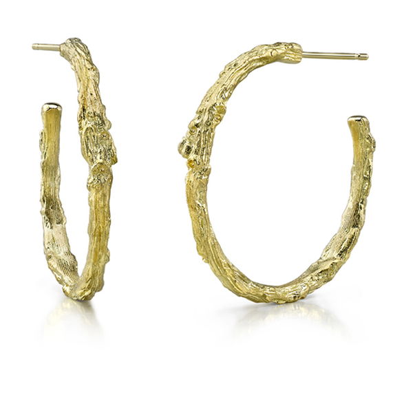 Closeup photo of Large Branch Hoop Earrings in 19kt Yellow Gold