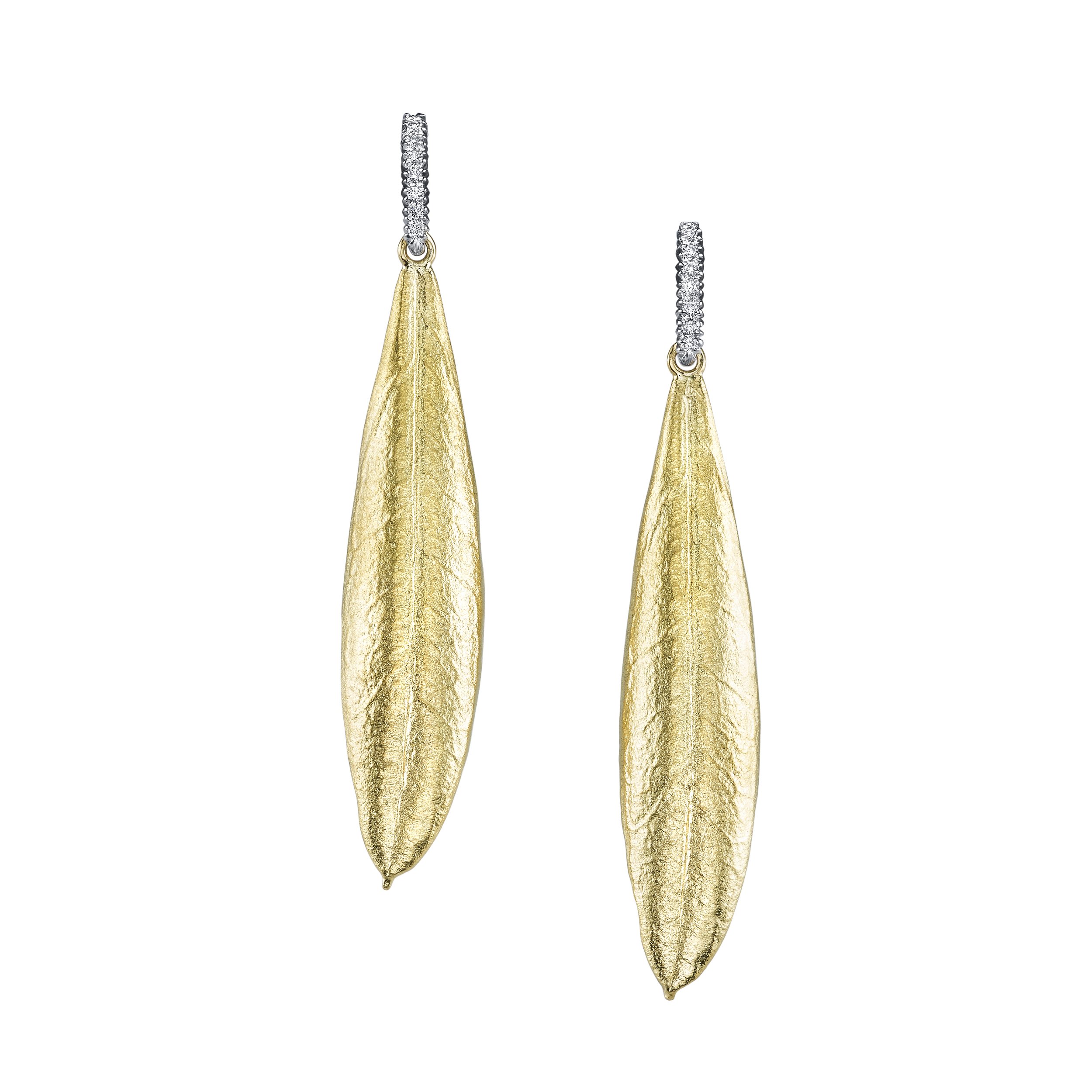 Medium Olive Leaf Earrings with Diamond Bars in 19kt Yellow Gold