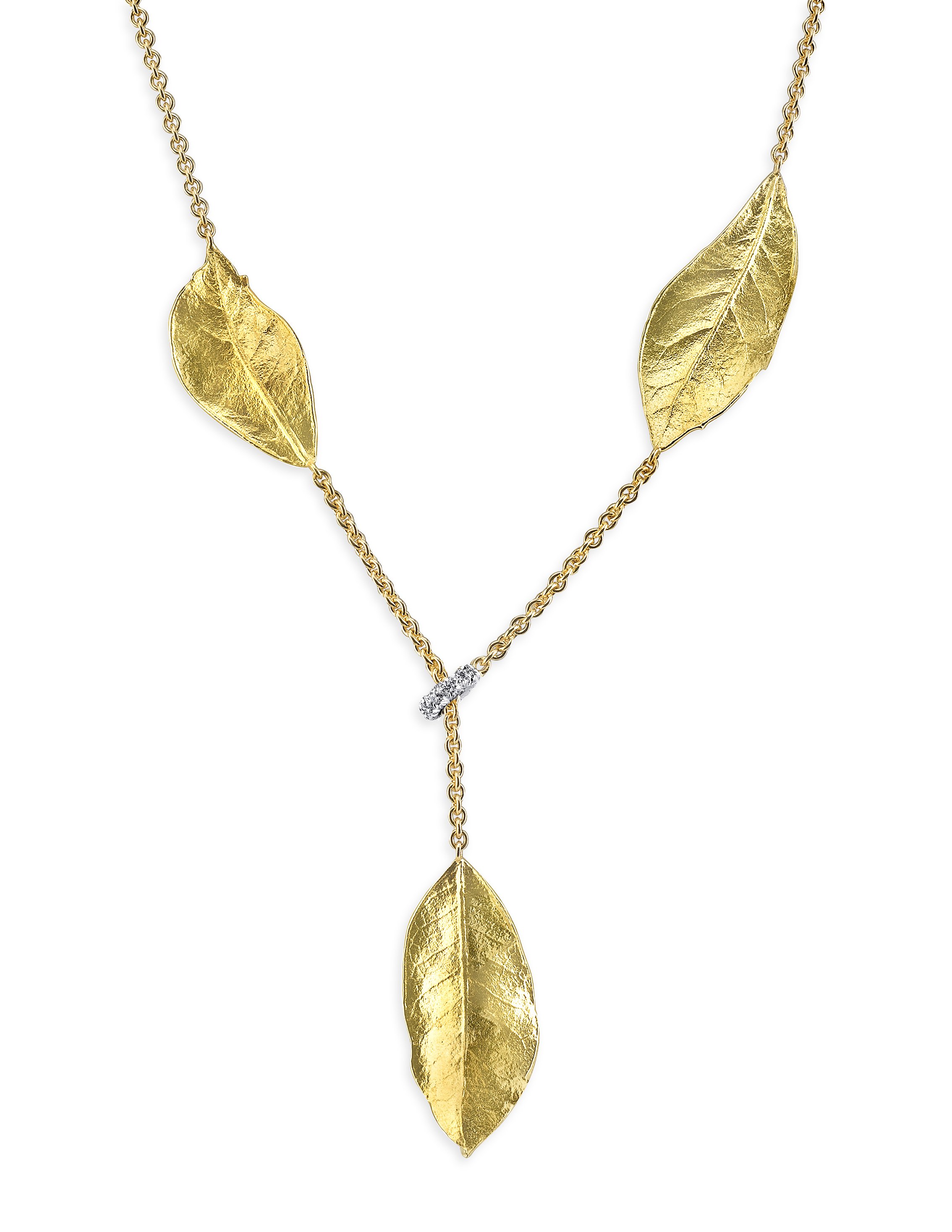 3 Southern Oak Leaf and Chain Lariat Necklace with Diamonds in 19kt Yellow Gold
