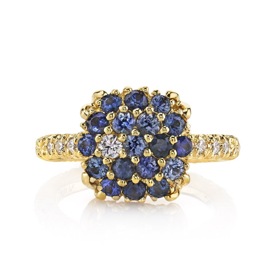Pave Top Ring with Blue Sapphires and Diamonds in 19kt Yellow Gold
