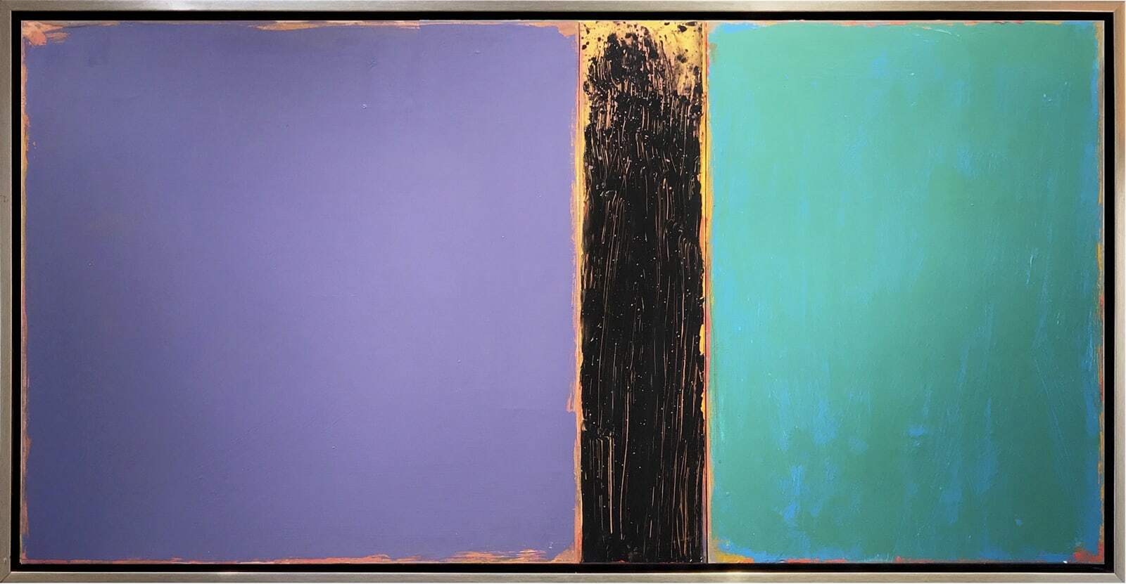 This framed piece of acrylic on wood panel wall art by David Rothermel adds accent to any room. Janus #8 features purple, black and turquoise color tones. Janus #8