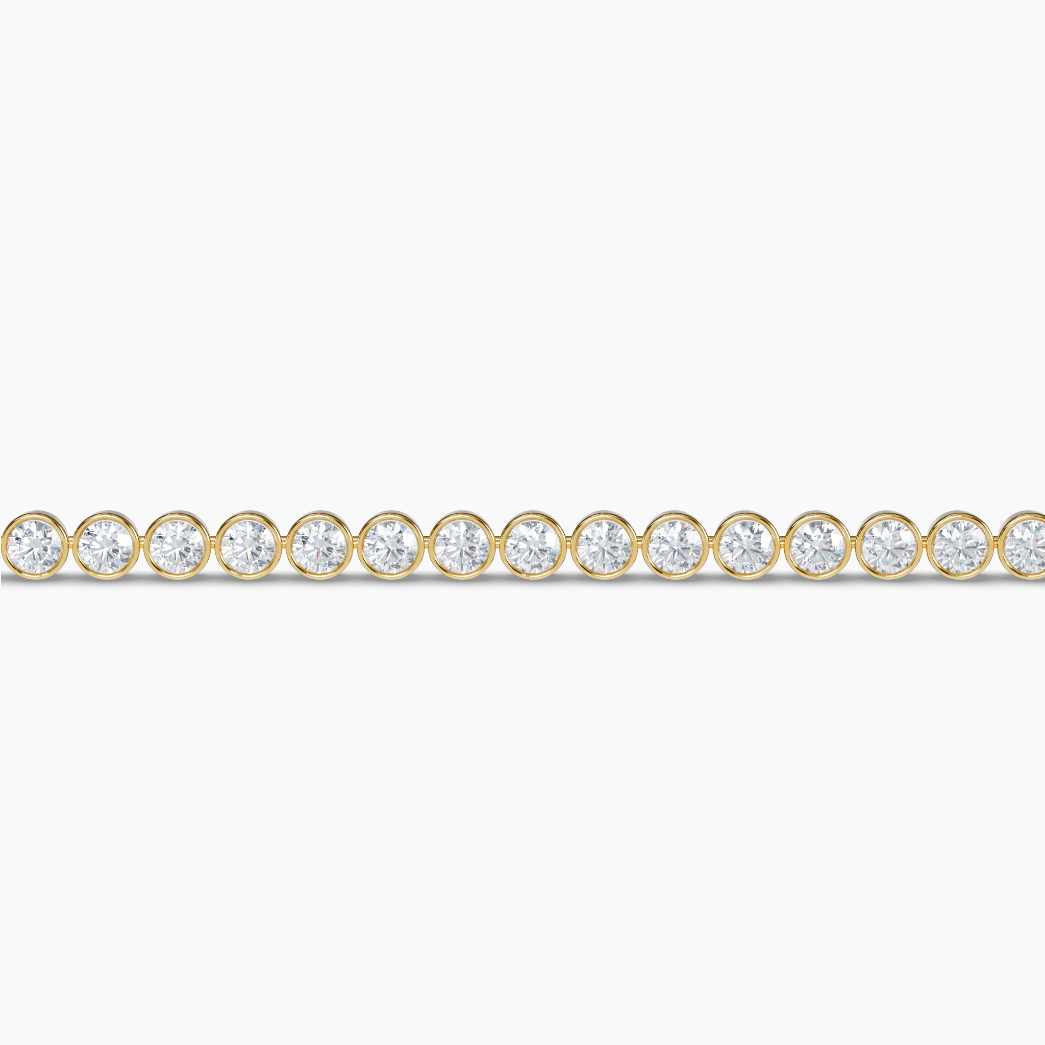 This elegant 6.5-inch bracelet features round bezel set lab-grown diamonds totaling 10 carats for a sleek and modern look. Sustainably crafted using wind and solar energy, the diamonds are 100% carbon-neutral, delivering brilliance with an environmentally conscious approach. The 14K recycled yellow gold setting enhances the diamonds’ radiance while offering a timeless and durable design. Perfect for both everyday wear and special occasions, this bracelet blends luxury and sustainability effortlessly. Adding a signature touch is a small purple lab grown diamond near the clap -- a hallmark of GRWN's dedication to sustainable craftmanship.The image(s) shown are the eight (8) carat variant and are for product style purposes only. Diamond Essentials Lab Grown Round Bezel Set Tennis Bracelet (10CT), Yellow Gold, 6.5-inch
