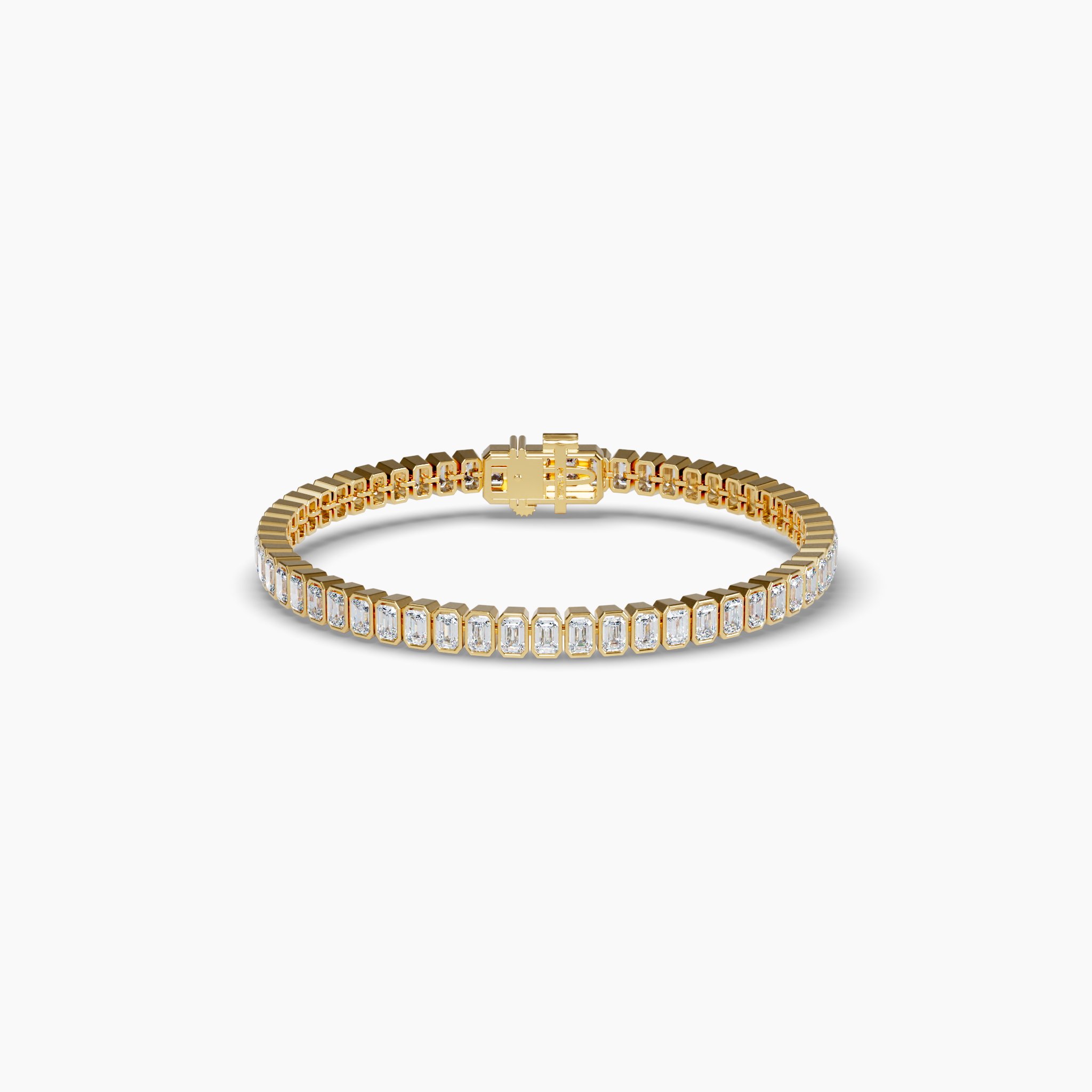 This elegant 6.5-inch bracelet features 6 total carats of emerald cut lab-grown diamonds set in a north-south bezel setting for a sleek and modern look. Sustainably crafted using wind and solar energy, the diamonds are 100% carbon-neutral, delivering brilliance with an environmentally conscious approach. The 14K recycled yellow gold setting enhances the diamonds’ radiance while offering a timeless and durable design. Perfect for both everyday wear and special occasions, this bracelet blends luxury and sustainability effortlessly. Adding a signature touch is a small purple lab grown diamond near the clap -- a hallmark of GRWN's dedication to sustainable craftmanship. Diamond Essentials Lab Grown Emerald North/South Bezel Set Tennis Bracelet (6CT), Yellow Gold, 6.5-Inch