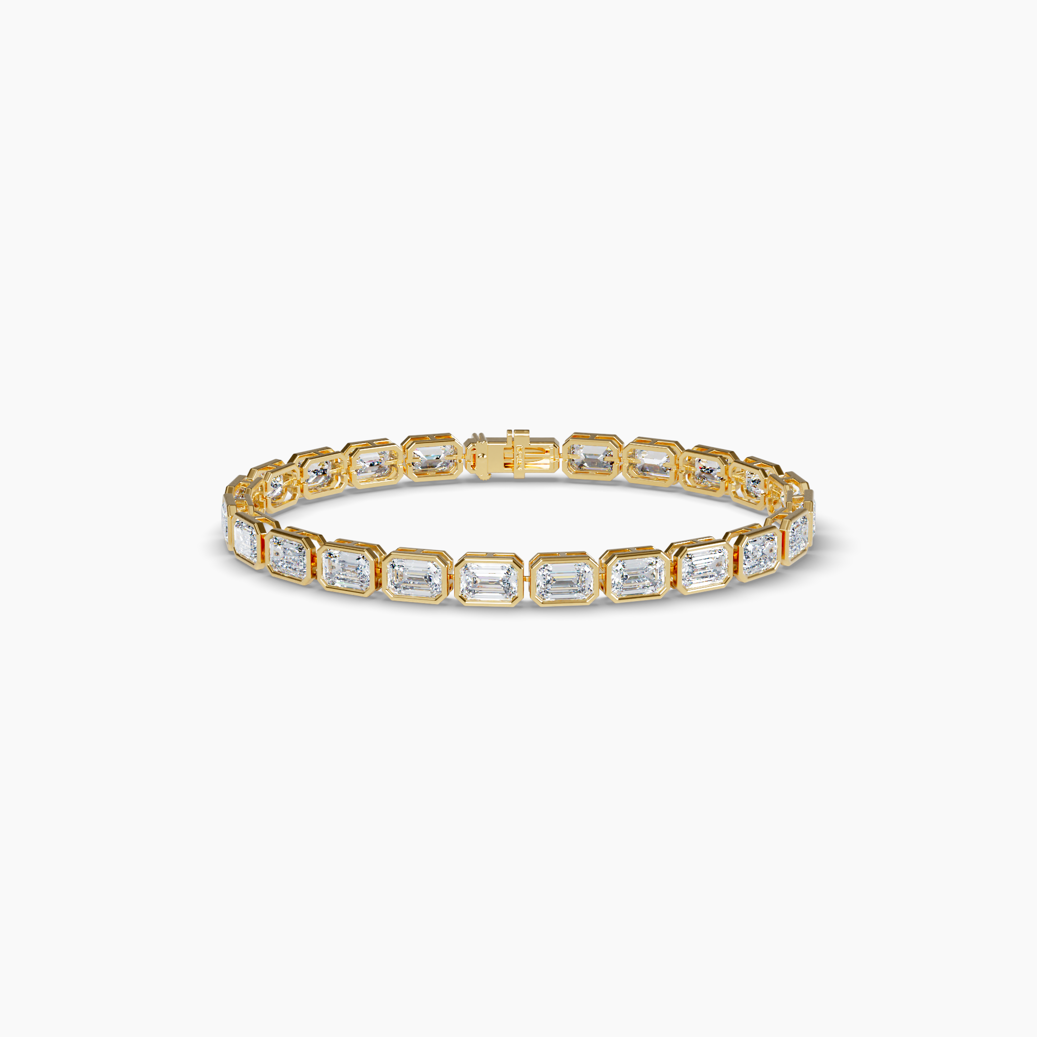 This elegant 6.5-inch bracelet features 8 total carats of emerald cut lab-grown diamonds set in a east-west bezel setting for a sleek and modern look. Sustainably crafted using wind and solar energy, the diamonds are 100% carbon-neutral, delivering brilliance with an environmentally conscious approach. The 14K recycled yellow gold setting enhances the diamonds’ radiance while offering a timeless and durable design. Perfect for both everyday wear and special occasions, this bracelet blends luxury and sustainability effortlessly. Adding a signature touch is a small purple lab grown diamond near the clap -- a hallmark of GRWN's dedication to sustainable craftmanship. Diamond Essentials Lab Grown Emerald East/West Bezel Set Tennis Bracelet (8CT), Yellow Gold, 6.5-Inch