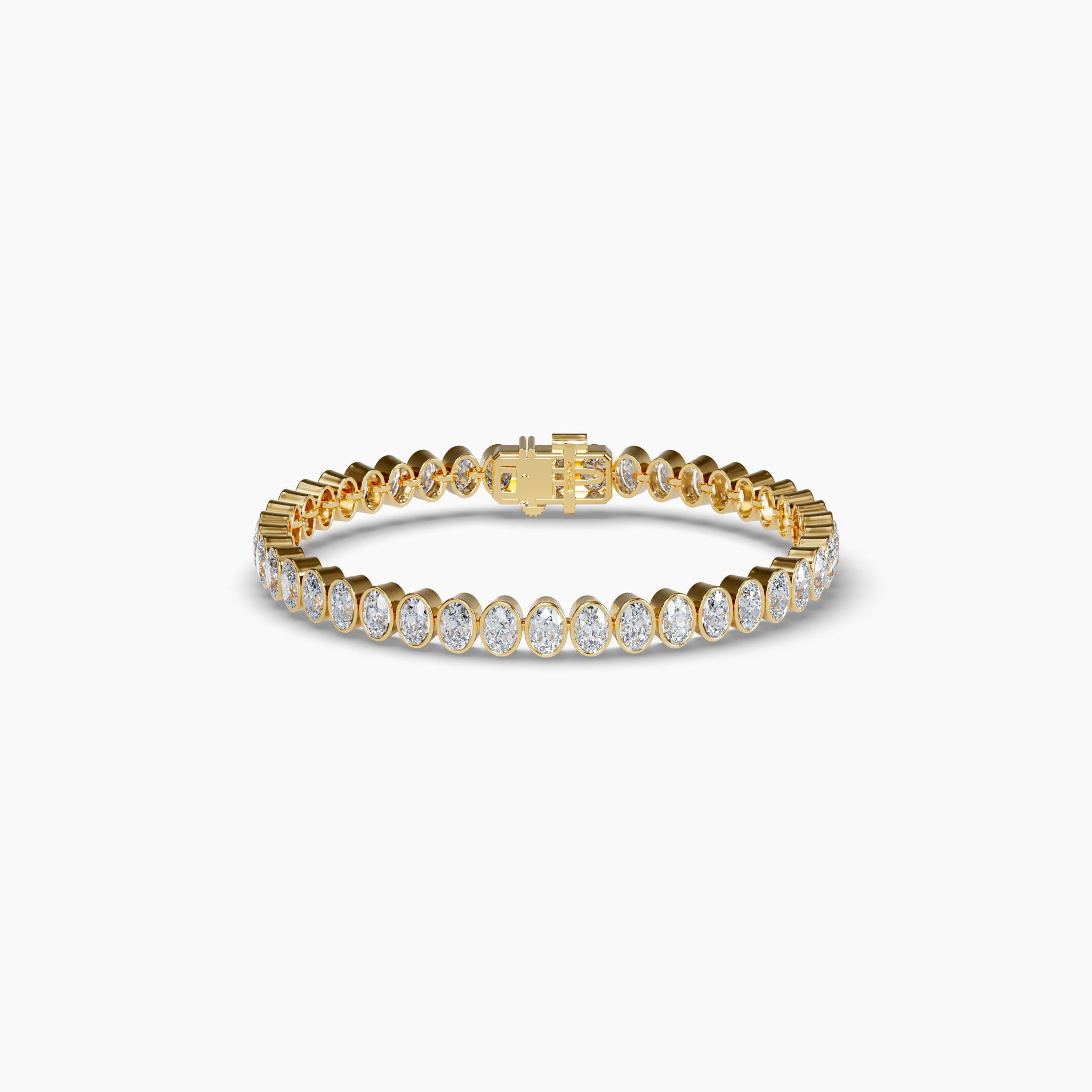 This elegant 6.5-inch bracelet features 15 total carats of oval cut lab-grown diamonds set in a north-south bezel setting for a sleek and modern look. Sustainably crafted using wind and solar energy, the diamonds are 100% carbon-neutral, delivering brilliance with an environmentally conscious approach. The 14K recycled yellow gold setting enhances the diamonds’ radiance while offering a timeless and durable design. Perfect for both everyday wear and special occasions, this bracelet blends luxury and sustainability effortlessly. Adding a signature touch is a small purple lab grown diamond near the clap -- a hallmark of GRWN's dedication to sustainable craftmanship.The image(s) shown are the ten (10) carat variant and are for product style purposes only. Diamond Essentials Lab Grown Oval North/South Bezel Set Tennis Bracelet (15CT), Yellow Gold, 6.5-Inch