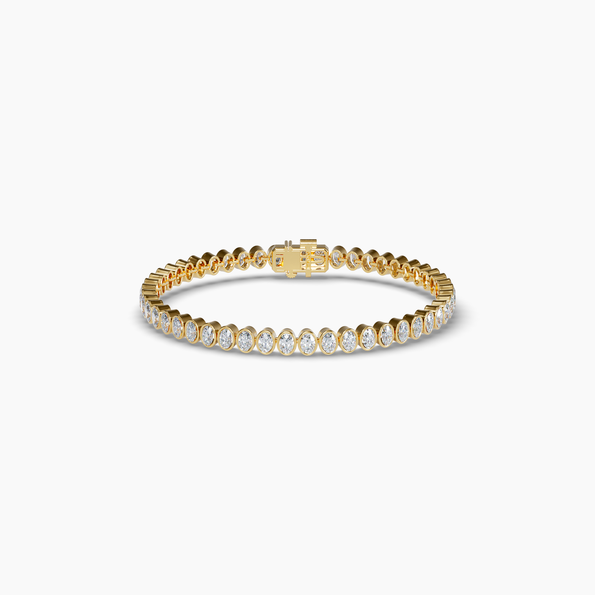 This elegant 6.5-inch bracelet features 4 total carats of oval cut lab-grown diamonds set in a north-south bezel setting for a sleek and modern look. Sustainably crafted using wind and solar energy, the diamonds are 100% carbon-neutral, delivering brilliance with an environmentally conscious approach. The 14K recycled yellow gold setting enhances the diamonds’ radiance while offering a timeless and durable design. Perfect for both everyday wear and special occasions, this bracelet blends luxury and sustainability effortlessly. Adding a signature touch is a small purple lab grown diamond near the clap -- a hallmark of GRWN's dedication to sustainable craftmanship. Diamond Essentials Lab Grown Oval North/South Bezel Set Tennis Bracelet (4CT), Yellow Gold, 6.5-Inch