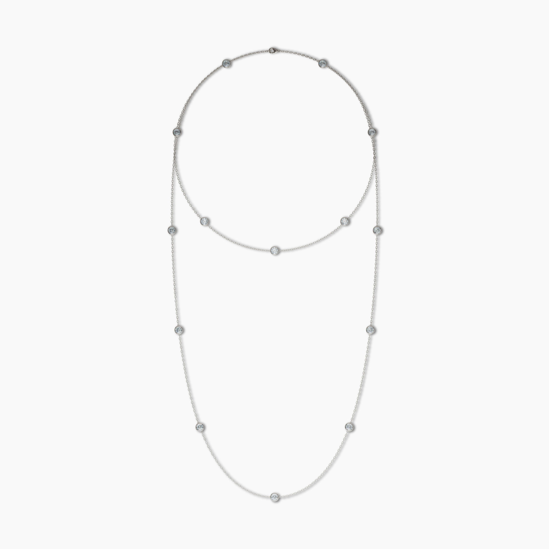Dazzling elegance awaits with our 33in Diamonds by the Yard necklace, featuring 14 exquisite gems totaling 2.8cttw. Each 3.8mm diamond enchants, with 3.7mm on order to enhance your radiant style Soleil Long Diamond By The Yard Necklace