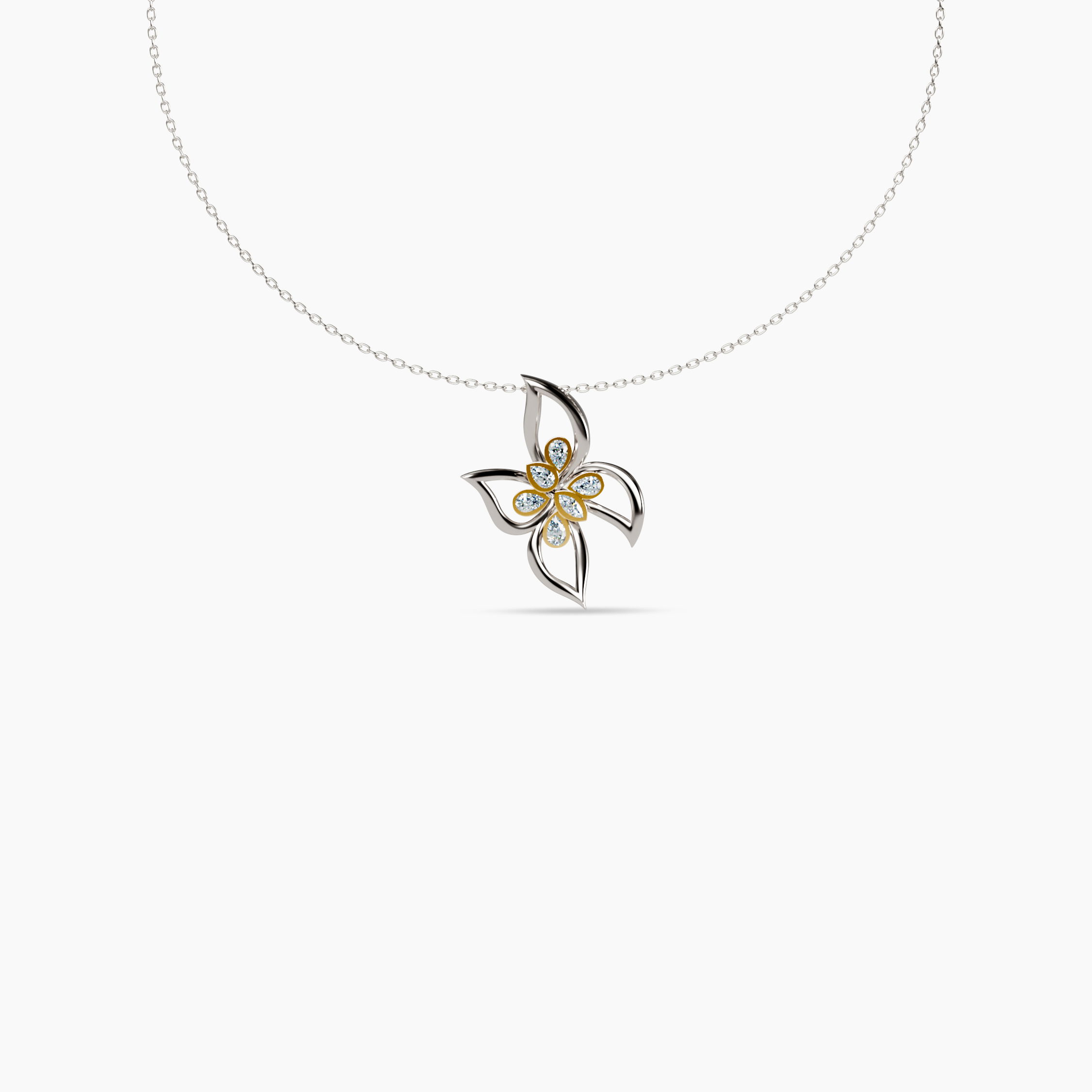 Introducing the "Metamorphosis" pendant, a stunning display of craftsmanship featuring a butterfly elegantly formed from sterling silver, adorned with six diamonds totaling .19 carats. Suspended on a versatile 16 inch rolo chain, this exquisite piece merges sophistication with a touch of enchantment, perfect for elevating any ensemble. Metamorphosis Butterfly Pendant
