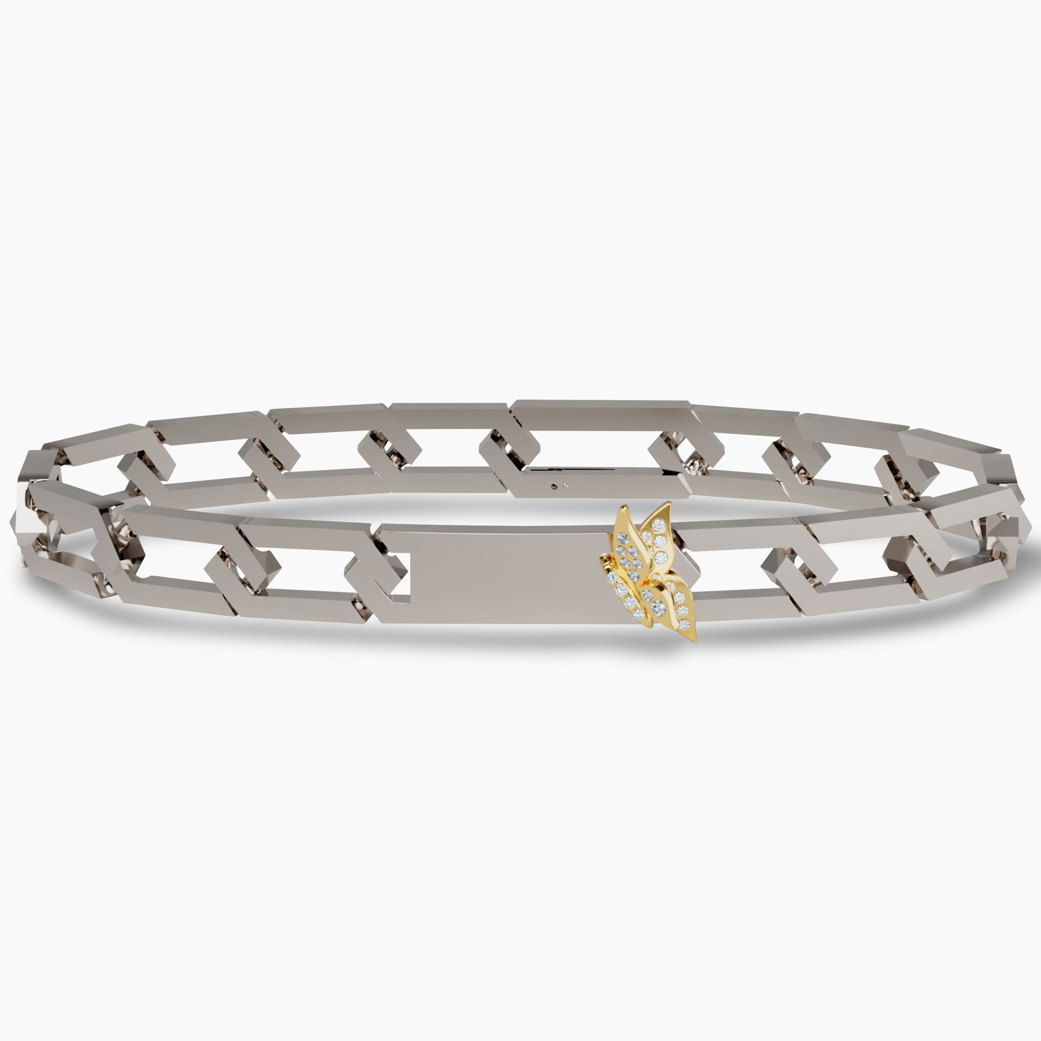 Unveil the elegance of the "Metamorphosis" ID link bracelet, meticulously crafted with 18K gold and sterling silver, and adorned with a total of .25 carats of diamonds distributed across 26 stones. This exquisite bracelet features a charming butterfly detail, blending classic style with a whimsical twist, perfect for a sophisticated yet playful accessory. Metamorphosis Butterfly ID Link Bracelet