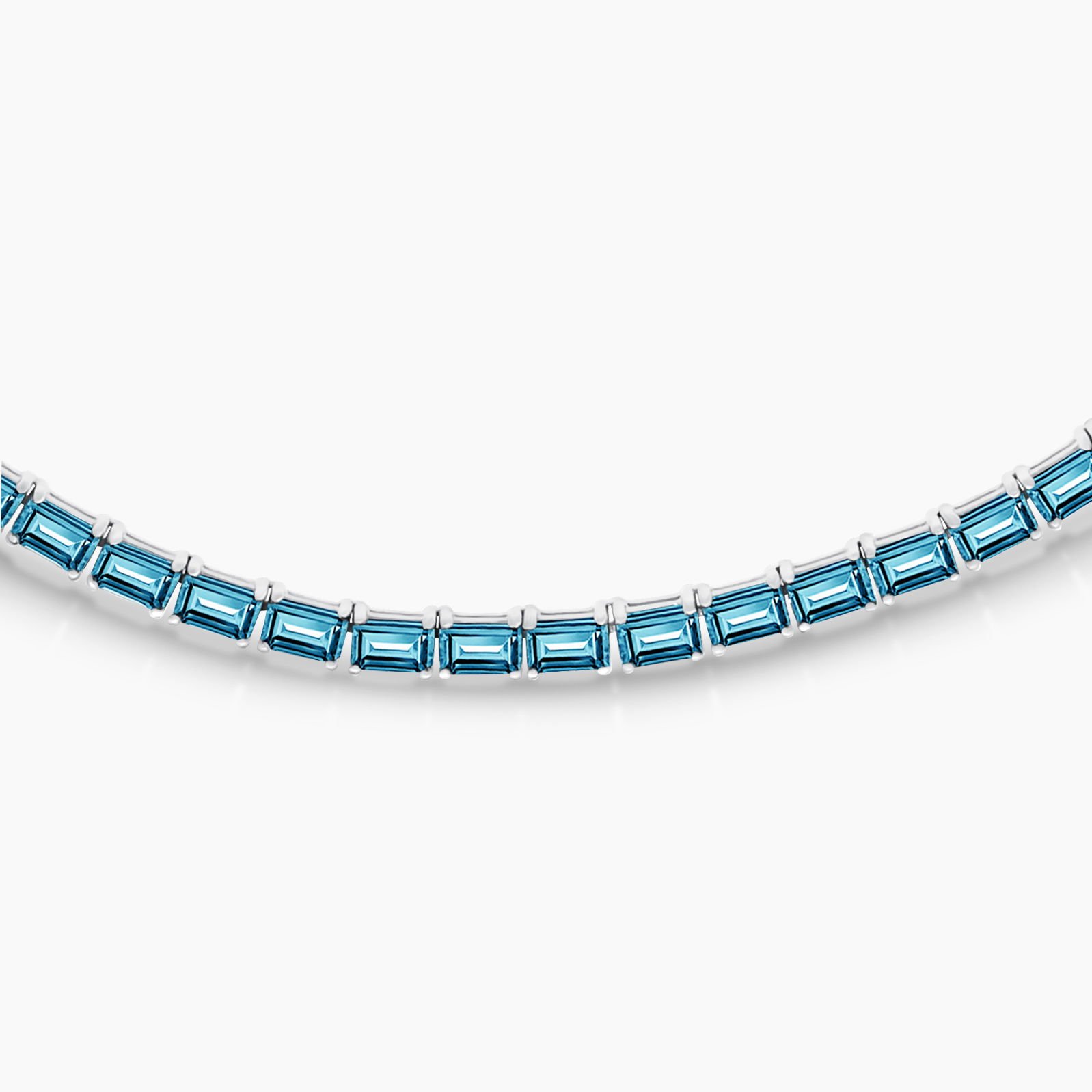 Material: 18K Recycled White Gold, Rhodium FinishDiamonds: 38.27CTW Blue and White Ombre Emerald Cut Carbon Neutral Lab-Grown Diamonds, VS+, 80pcsDetails: 4 Prong, Box ClaspSize: 18"Sustainability: Recycled Gold and Carbon Neutral Diamonds Grown by Wind and Solar Blue Ombré Lab Diamond Tennis Necklace