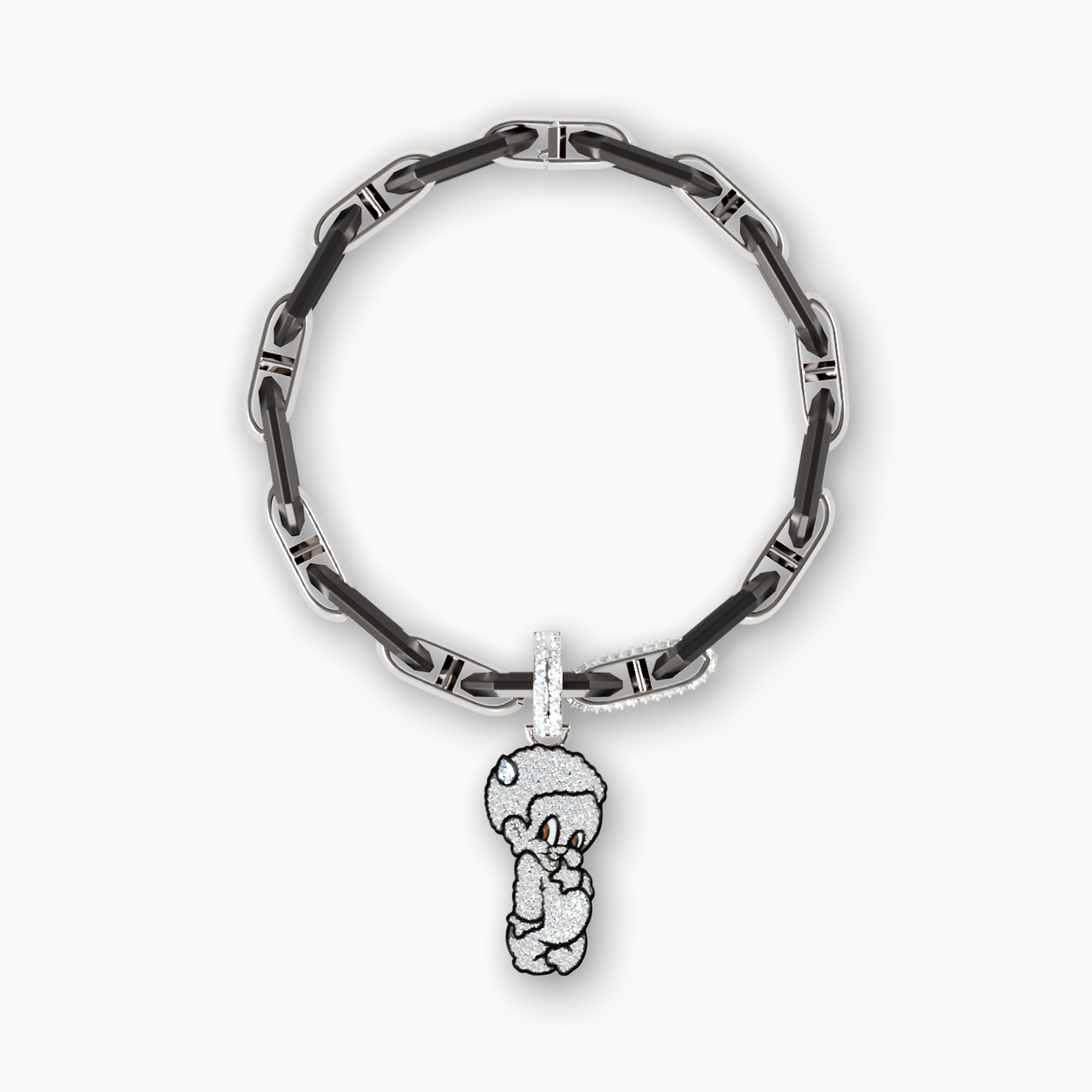 From Shaun Crawford’s “Like Father, Like Son” Collection, this 18K white pavé diamond charm is set on a 925 sterling silver alternating black and white rhodium finished legacy link bracelet, blending bold art with refined craftsmanship.Pavé Charm Material: 18K White Gold, EnamelBlack Legacy Link Material: 925 Sterling Silver with Black and White RhodiumStone: 1.1ctw Carbon Neutral Lab-Grown Diamond, F+ VS+Details: Signature Purple Lab DiamondChain: 8”Closure: Hinged Snap ClaspSustainability: Lab-Grown with Wind and Solar Energy Lil Lenox Pavé Charm on Legacy Link Bracelet, Alternating