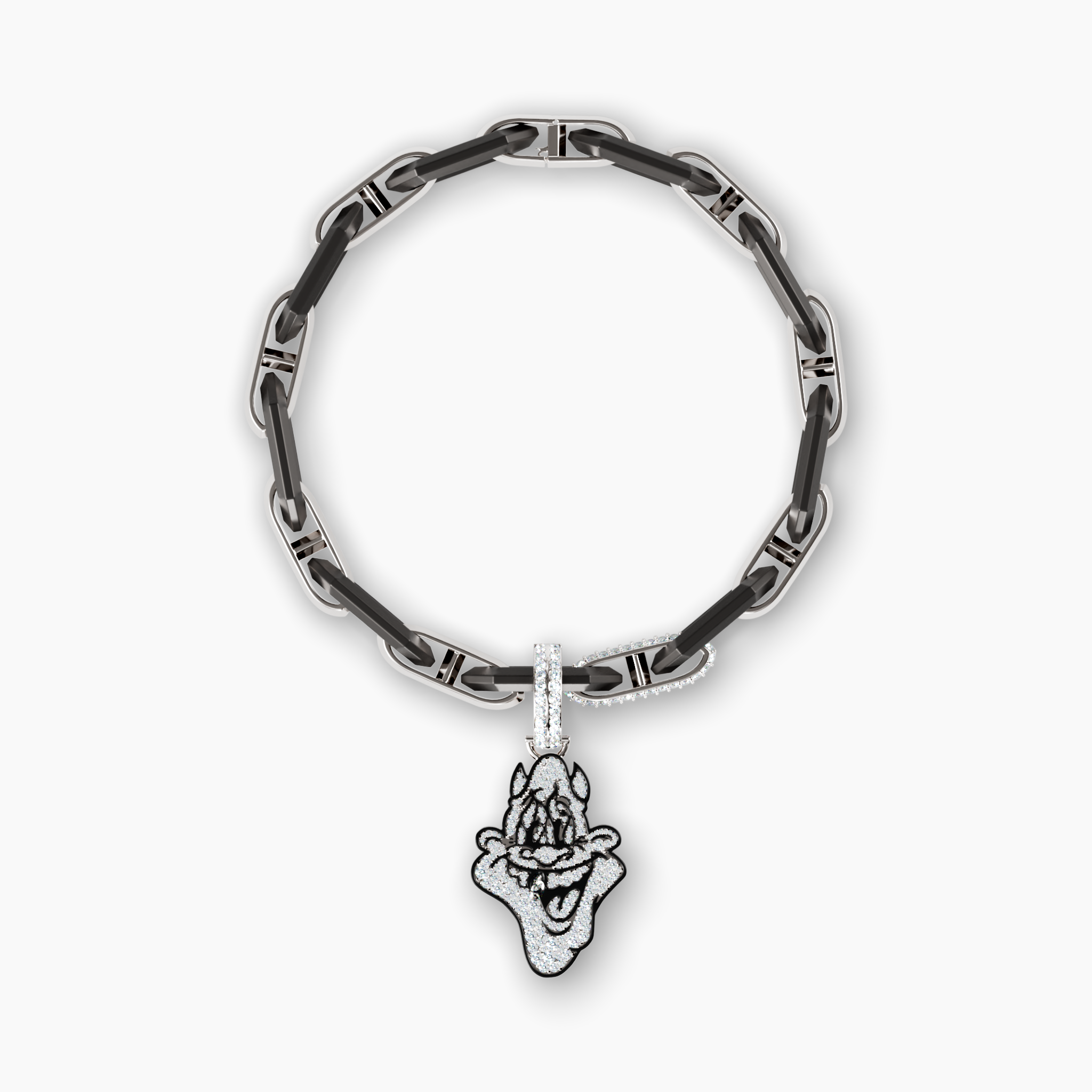 From Shaun Crawford’s “Like Father, Like Son” Collection, this 18K white pavé diamond charm is set on a 925 sterling silver alternating black and white rhodium finished legacy link bracelet, blending bold art with refined craftsmanship.Pavé Charm Material: 18K White Gold, EnamelBlack Legacy Link Material: 925 Sterling Silver with Black and White RhodiumStone: 1.05ctw Carbon Neutral Lab-Grown Diamond, F+ VS+Details:Signature Purple Lab DiamondChain: 8”Closure: Hinged Snap ClaspSustainability: Lab-Grown with Wind and Solar Energy Skip Pavé Charm on Legacy Link Bracelet, Alternating