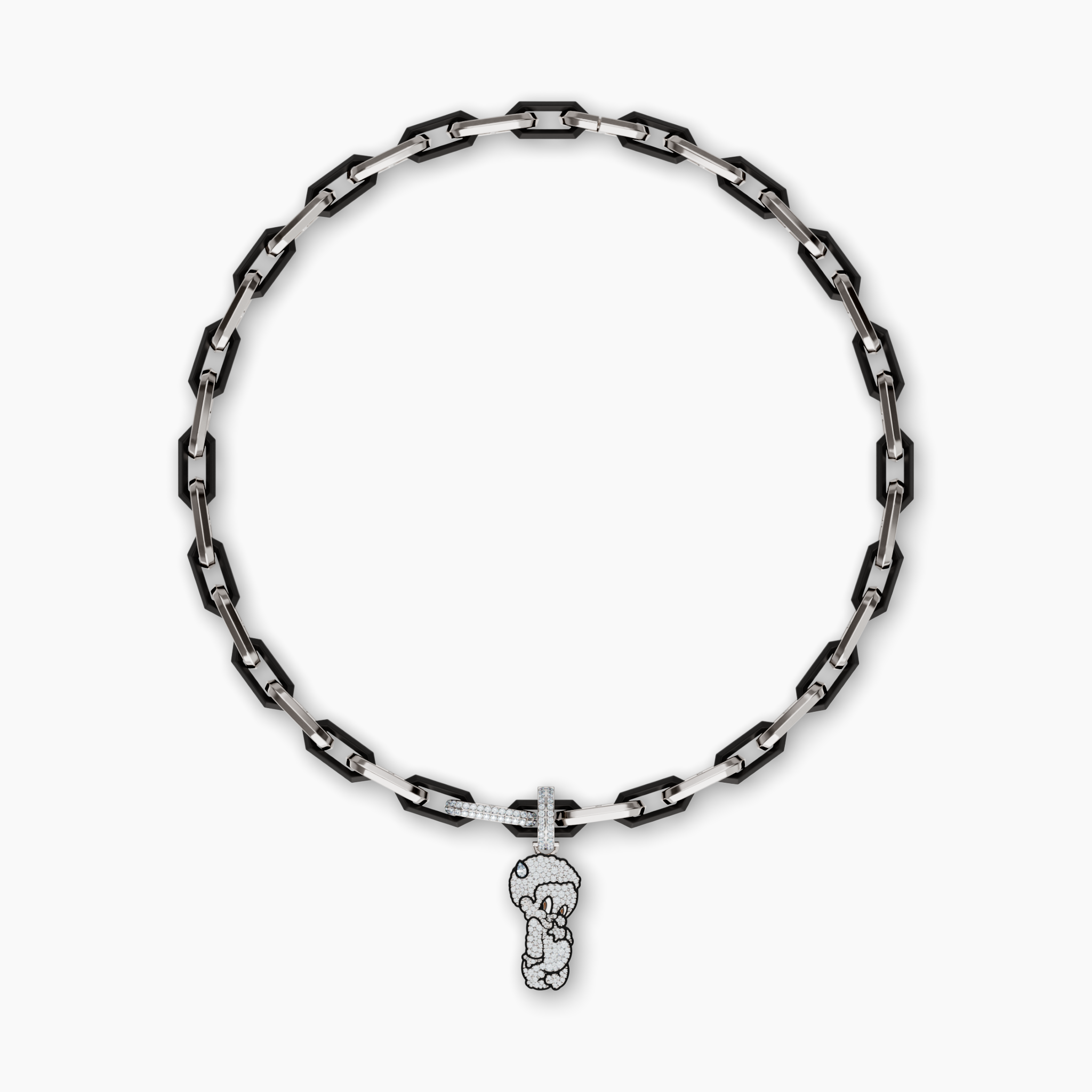 From Shaun Crawford’s “Like Father, Like Son” Collection, this 18K white pavé diamond charm is set on a 925 sterling silver alternating black and white rhodium finished legacy link necklace, blending bold art with refined craftsmanship.Pavé Charm Material: 18K White Gold, EnamelBlack Legacy Link Material: 925 Sterling Silver with Black and White RhodiumStone: 1.1ctw Carbon Neutral Lab-Grown Diamond, F+ VS+Details:Signature Purple Lab DiamondChain: 18”Closure: Hinged Snap ClaspSustainability: Lab-Grown with Wind and Solar Energy Lil Lenox Pavé Charm on Legacy Link Necklace, Alternating