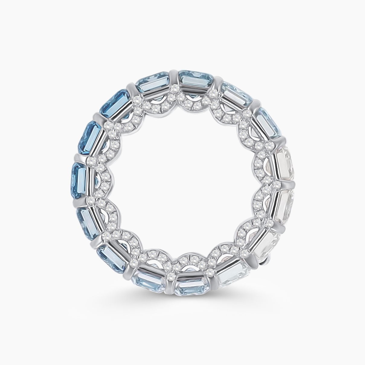 Material: 18K Recycled White Gold, Rhodium FinishDiamonds: 16.58CTW Blue and White Ombre Emerald Cut Carbon Neutral Lab-Grown Diamonds, VS+, 15pcsSize: 7Sustainability: Recycled Gold and Carbon Neutral Diamonds Grown by Wind and Solar Blue Ombré Lab Diamond Eternity Band