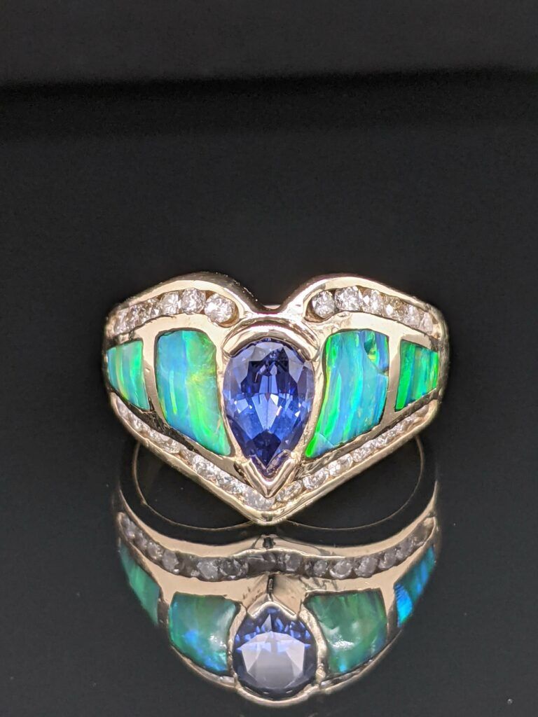 Opal inlay heart ring with sapphire