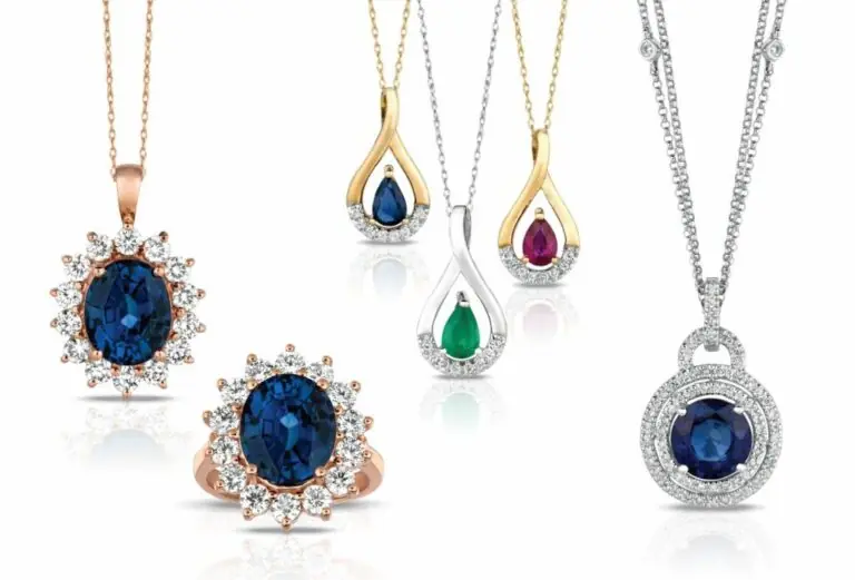 Necklaces with blue, green, and pink gemstones and diamonds