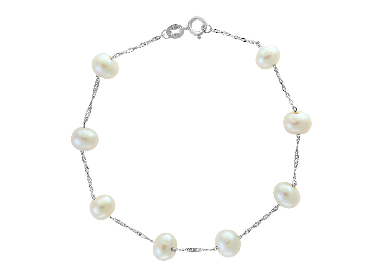 This 14K White Gold White Freshwater Pearl Bracelet features 6-6.5mm semi-round pearls with a smooth surface and lustrous sheen. The cool white gold setting enhances the natural glow of the pearls, creating a harmonious and sophisticated piece perfect for any occasion. The lustrous pearls reflect light beautifully, offering timeless elegance and refinement. Whether for casual or formal wear, this bracelet adds a touch of luxury to any outfit.Key Features:- 6-6.5mm white freshwater semi-round pearls- Set in 14K white gold- Smooth surface and lustrous sheen- Secure clasp for comfort and wearabilityPlease Note:- Photos may be enlarged or enhanced for detail.- Pearls may be treated to enhance their appearance and require special care. 14K WHITE GOLD WHITE FRESH WATER PEARL BRACELET