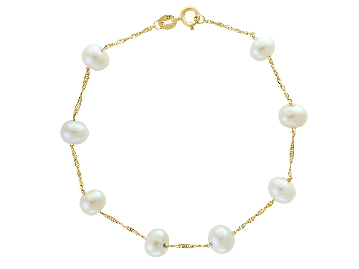 This 14K Rose Gold White Freshwater 6-6.5mm semi-round Bracelet features lustrous white freshwater pearls, complemented by a warm 14K rose gold setting that enhances their natural iridescence. The timeless design, finished with a secure clasp, adds elegance and sophistication to any look, perfect for both casual and special occasions.Key Features:- Lustrous 6-6.5mm white freshwater semi-round pearls- Set in warm 14K rose gold- Includes secure clasp for comfort- Elegant and timeless designPlease Note:- Photos may be enlarged or enhanced for detail.- Pearls may be treated to enhance beauty and require special care. 14K ROSE GOLD WHITE FRESH WATER PEARL BRACELET