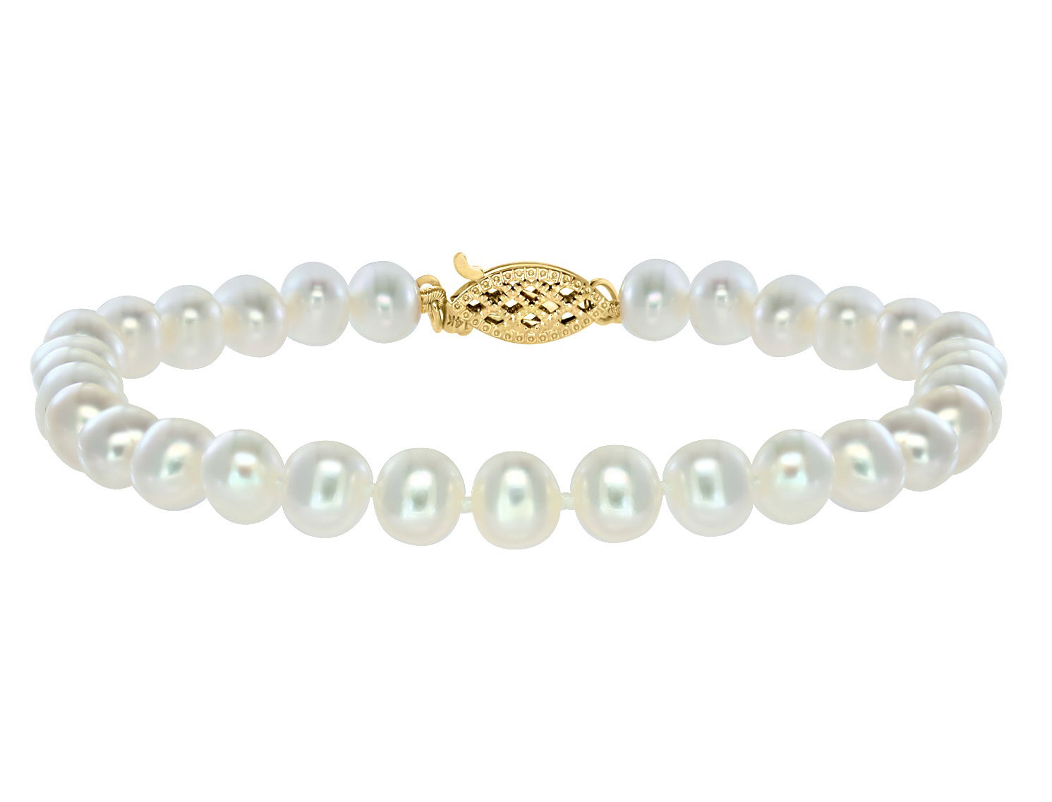 Timeless and elegant, the 14K Yellow Gold White Freshwater 5-5.5mm semi-round Bracelet features lustrous pearls set in warm 14K yellow gold. Perfect for both everyday wear and special occasions, it offers classic beauty with a contemporary touch.Key Features:- 5-5.5mm white freshwater semi-round pearls- Set in 14K yellow gold- Smooth surface with subtle iridescence- Secure clasp for comfort and durabilityPlease Note:- Photos may be enlarged or enhanced for detail.- Pearls may be treated to enhance beauty and require special care. 14K YELLOW GOLD WHITE FRESH WATER PEARL BRACELET