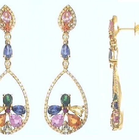 Closeup photo of 14K YELLOW GOLD DIAMOND, TSAVORITE AND MULTICOLOR SAPPHIRE EARRING