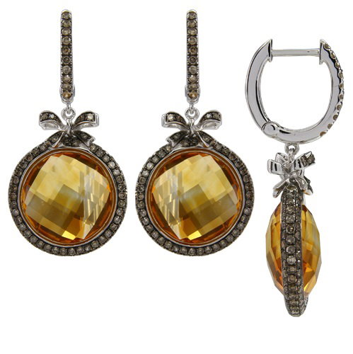 Closeup photo of 14K YELLOW GOLD BROWN DIAMOND AND RED CITRINE EARRING