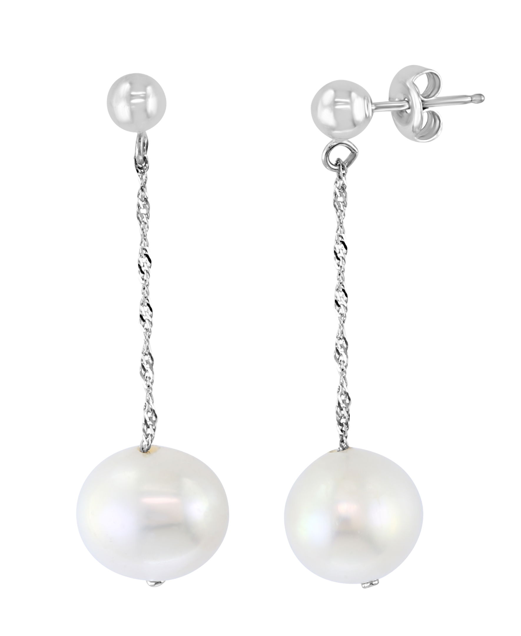 Elegant and refined, these 14K White Gold White Freshwater 9-9.5mm semi-round Earrings feature lustrous, slightly irregular pearls that reflect a soft, radiant glow. Set in sleek 14K white gold, they offer a modern contrast to the timeless beauty of the pearls.Key Features:- 9-9.5mm semi-round freshwater pearls- Set in 14K white gold- Soft, radiant glow with a modern contrast- Secure backings for comfortPlease Note:- Photos may be enlarged or enhanced for detail.- Pearls may be treated to enhance beauty and require special care. 14K WHITE GOLD WHITE FRESH WATER PEARL EARRING
