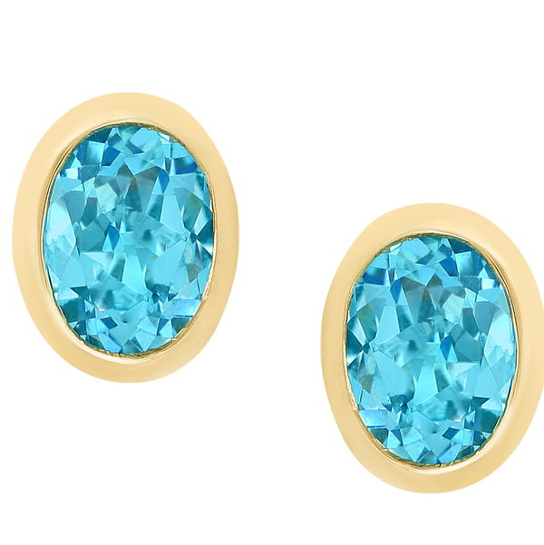 Closeup photo of 14K YELLOW GOLD SWISS BLUE TOPAZ BEZEL STUD EARRING