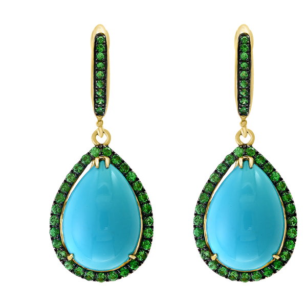 Closeup photo of 14K YELLOW GOLD TSAVORITE AND TURQUOISE EARRING