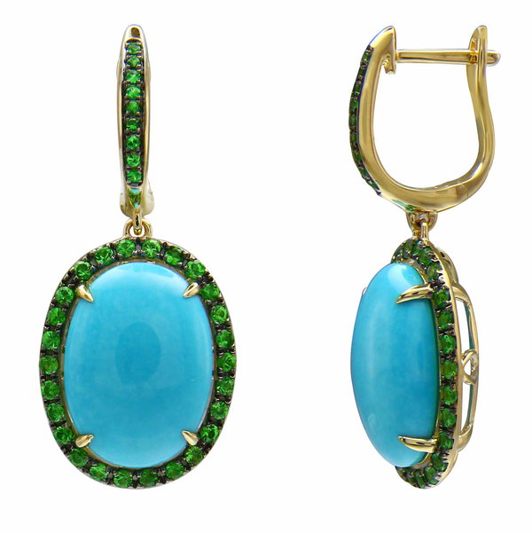 Closeup photo of 14K YELLOW GOLD TSAVORITE AND TURQUOISE EARRING