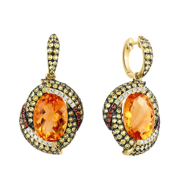 Closeup photo of 14K YELLOW GOLD DIAMOND, TREATED YELLOW SAPPHIRE, TREATED ORANGE SAPPHIRE AND MADEIRA CITRINE EARRING